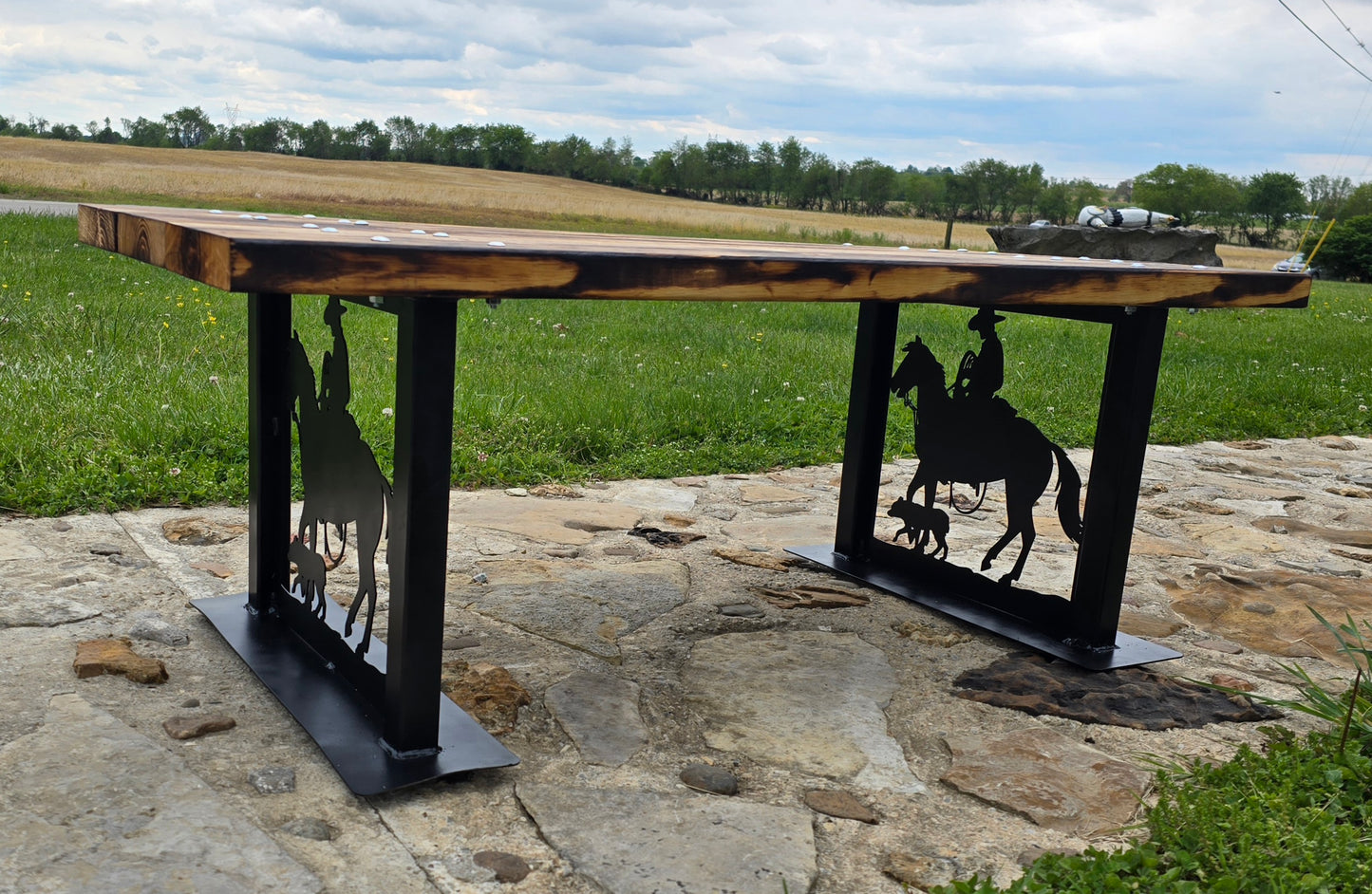 Cowboy Garden Bench with Steel Art Legs | Burnt Wood Seat | Personalized Outdoor Bench | Handmade Metal & Wood Bench