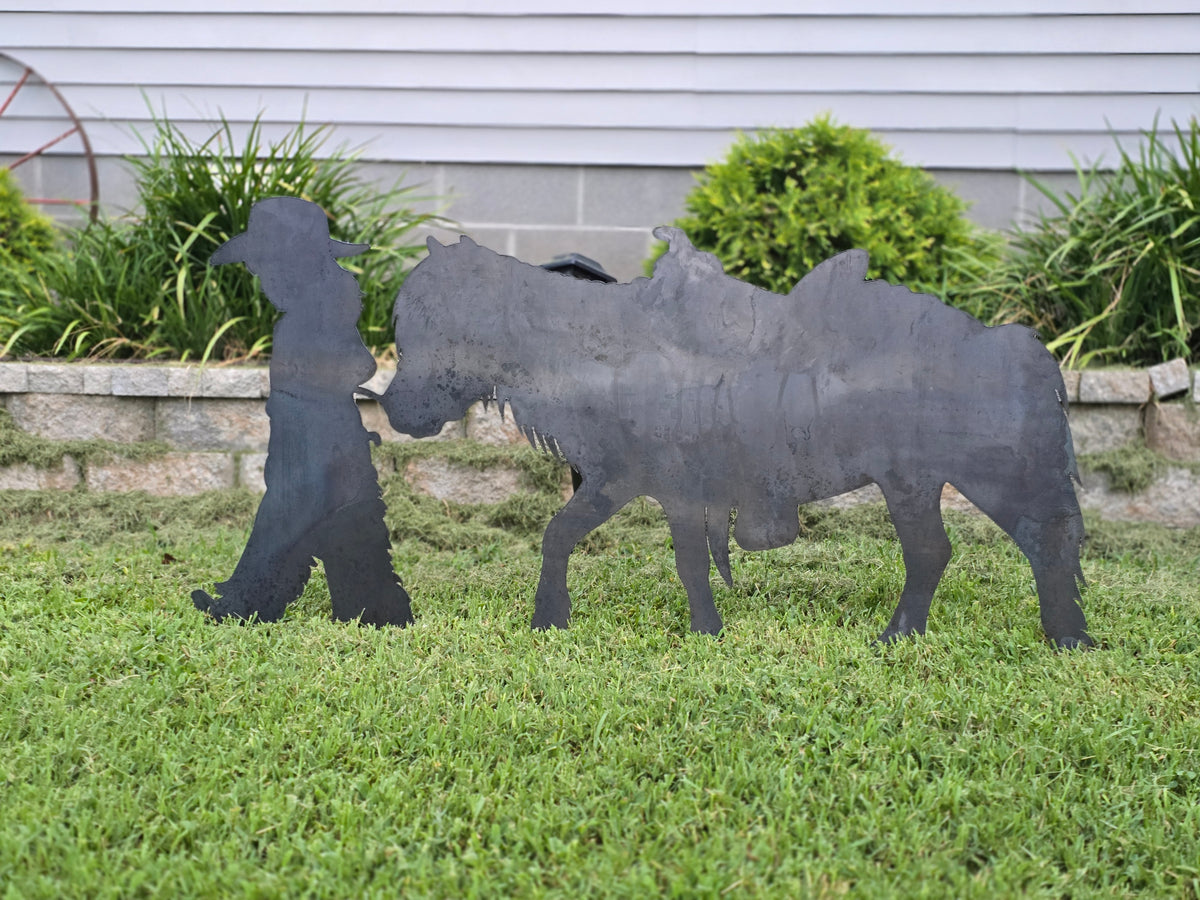 Cowgirl & Pony Metal Yard Art Light Girl with Balloon Silhouette Garden Decor with Light | Outdoor Metal Garden decor light