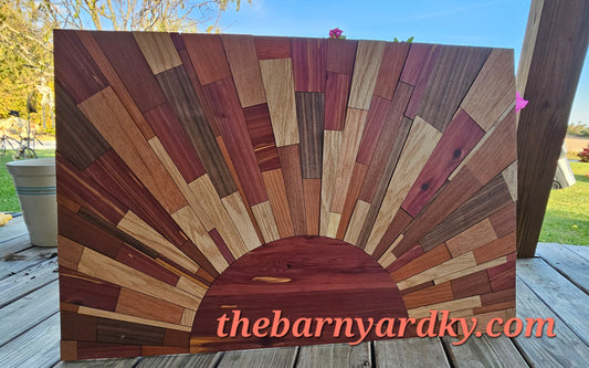 “Oh, What a Beautiful Day” – 36x24 Handmade Sunburst Wood Wall Art | Cedar, Mahogany, Oak, Walnut, Cherry & Maple | 104-Piece Mosaic | Framed