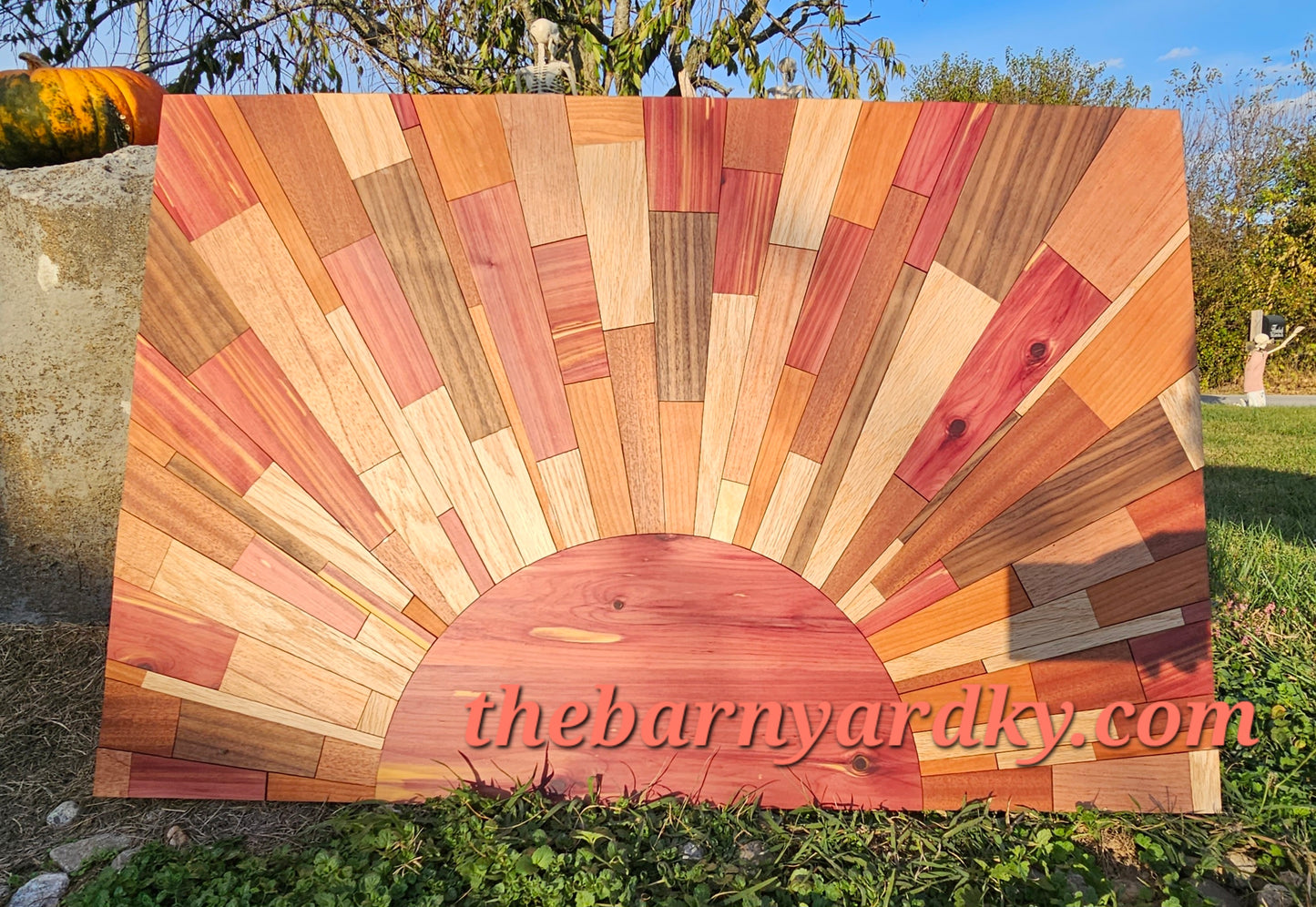 “Oh, What a Beautiful Day” – 36x24 Handmade Sunburst Wood Wall Art | Cedar, Mahogany, Oak, Walnut, Cherry & Maple | 104-Piece Mosaic | Framed