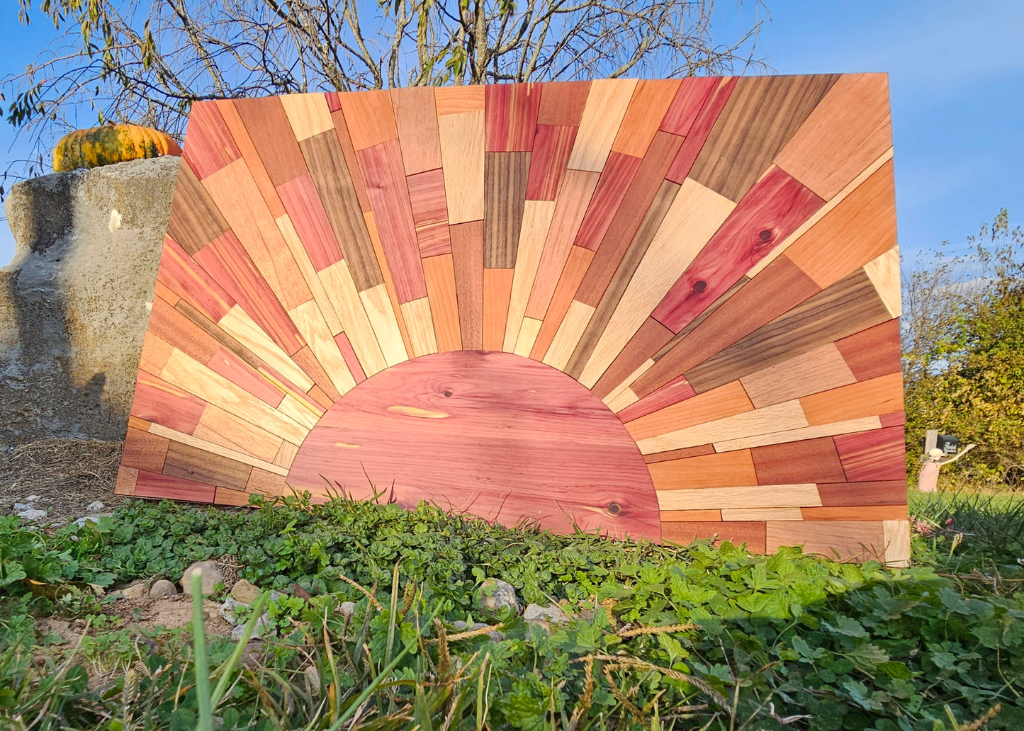 “Oh, What a Beautiful Day” – 36x24 Handmade Sunburst Wood Wall Art | Cedar, Mahogany, Oak, Walnut, Cherry & Maple | 104-Piece Mosaic | Framed