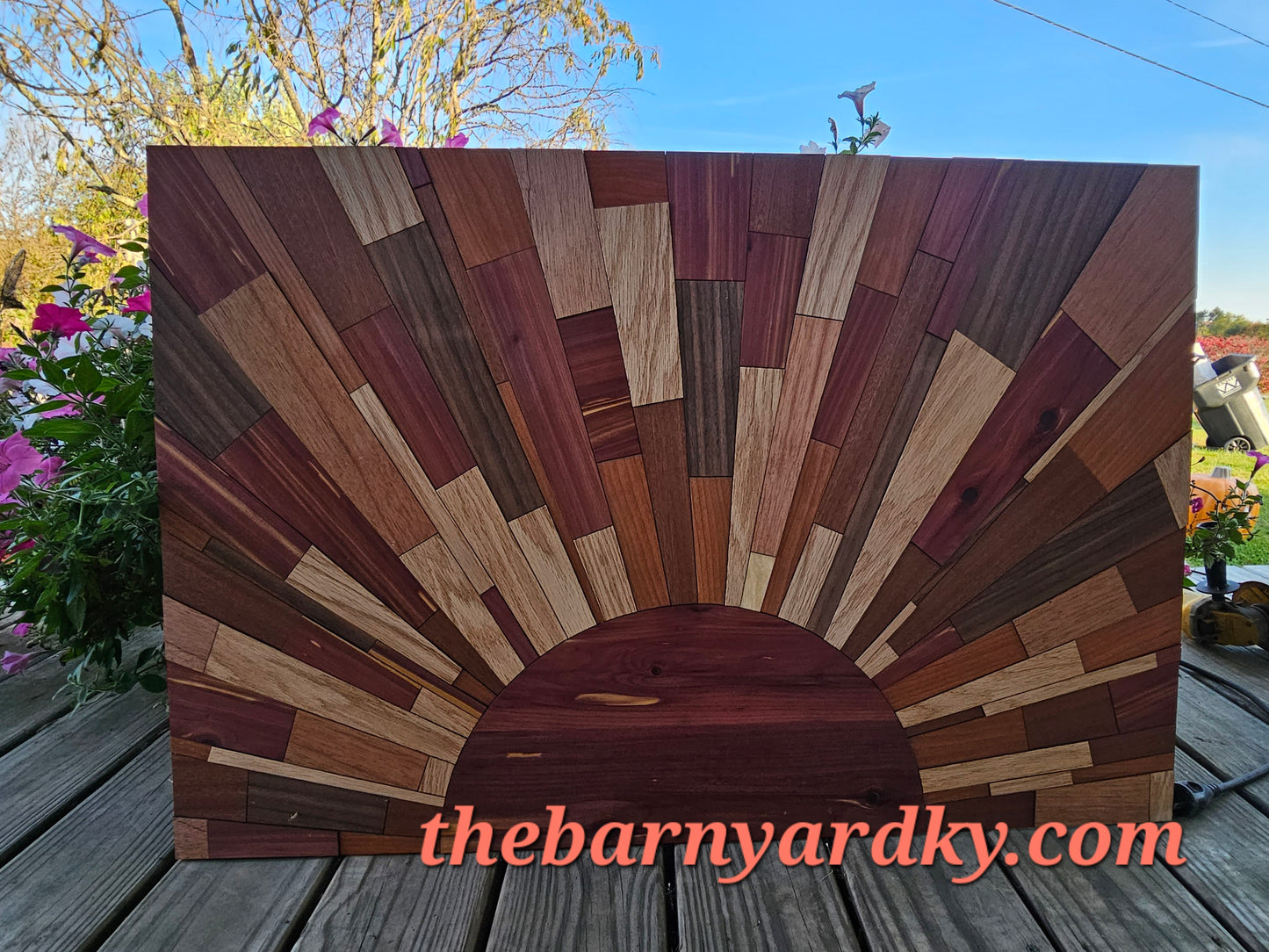 “Oh, What a Beautiful Day” – 36x24 Handmade Sunburst Wood Wall Art | Cedar, Mahogany, Oak, Walnut, Cherry & Maple | 104-Piece Mosaic | Framed