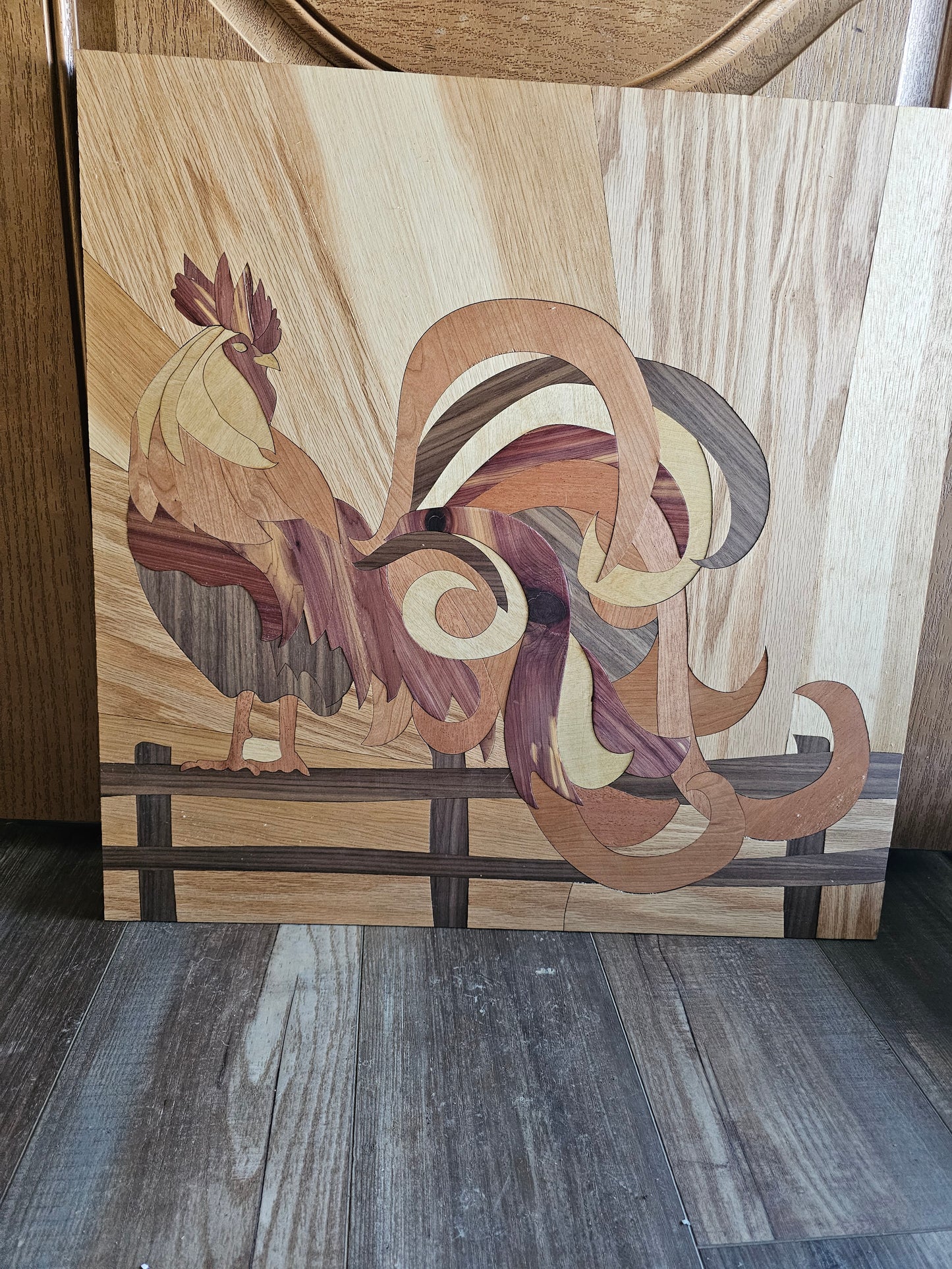 “Morning Reggie” – 24x24 Parquetry Rooster Art | Fine Wood Inlay | Cedar, Mahogany, Oak, Hickory, Maple & Walnut | Handcrafted Framed Artwork