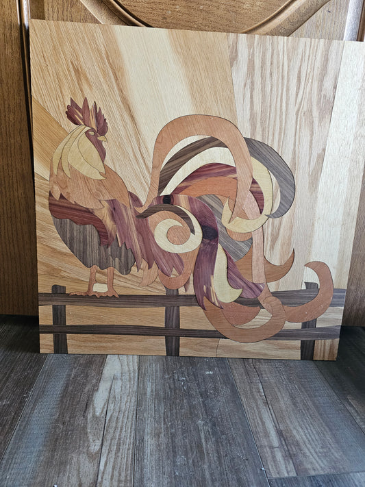 “Morning Reggie” – 24x24 Parquetry Rooster Art | Fine Wood Inlay | Cedar, Mahogany, Oak, Hickory, Maple & Walnut | Handcrafted Framed Artwork