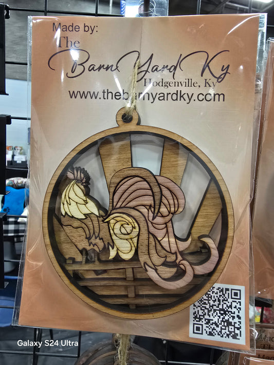 “Reggie the Rooster” Ornament – Layered Wood Farmhouse Ornament | Sunrise Background | 4.25” Round | Rustic Country Christmas Décor