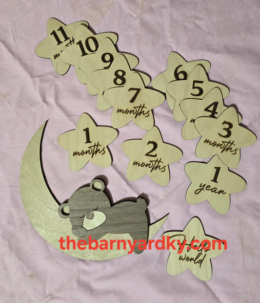 Baby Milestone Marker Set – Sleeping Teddy on the Moon | Monthly Star Markers | Wood Nursery Photo Prop | Newborn to 1 Year