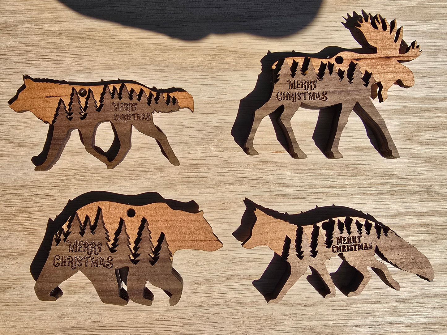 Woodland Animal Christmas Ornaments – Wolf, Moose, Bear & Fox | Forest Silhouette Cutout | Real Wood Holiday Decor | Rustic Cabin Ornament