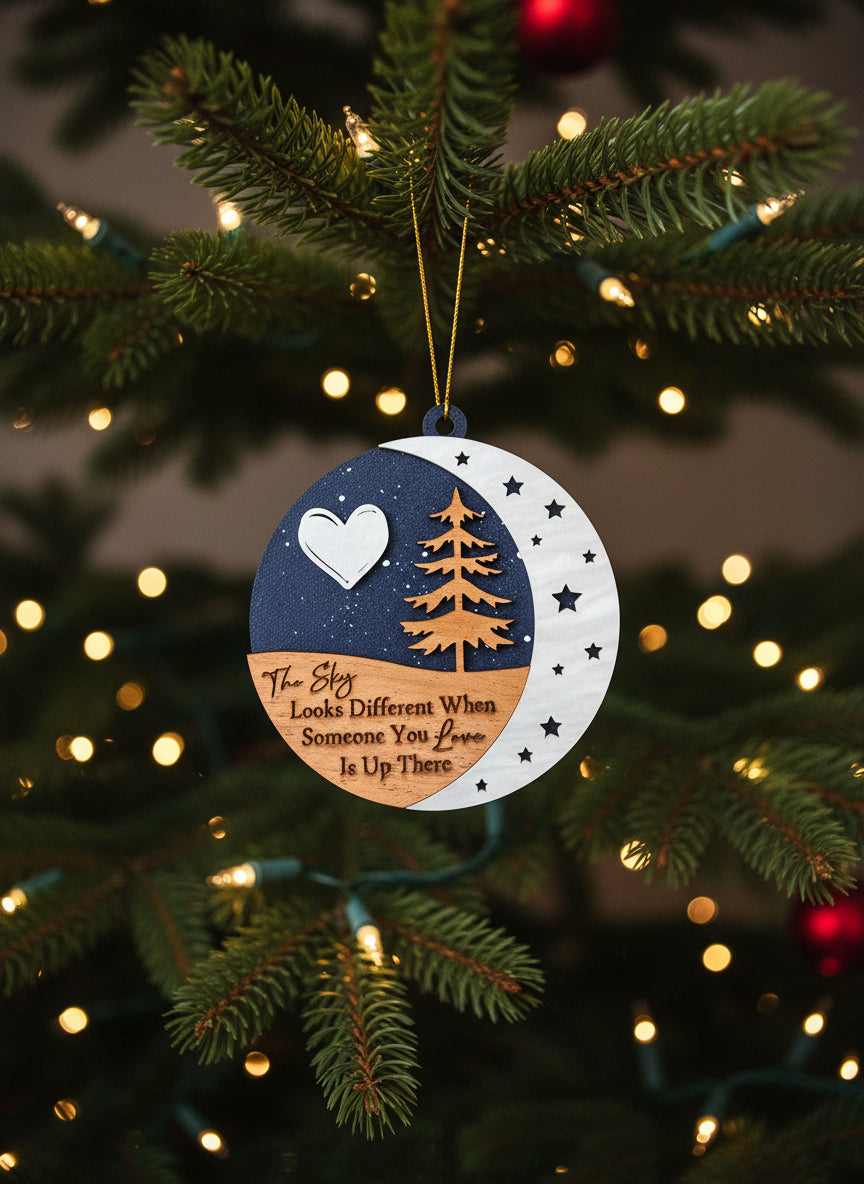 Memorial Ornament – “The Sky Looks a Little Different When Someone You Love Is Up There” | Cherry Tree & Pearlized Moon | Hand-Painted Keepsake