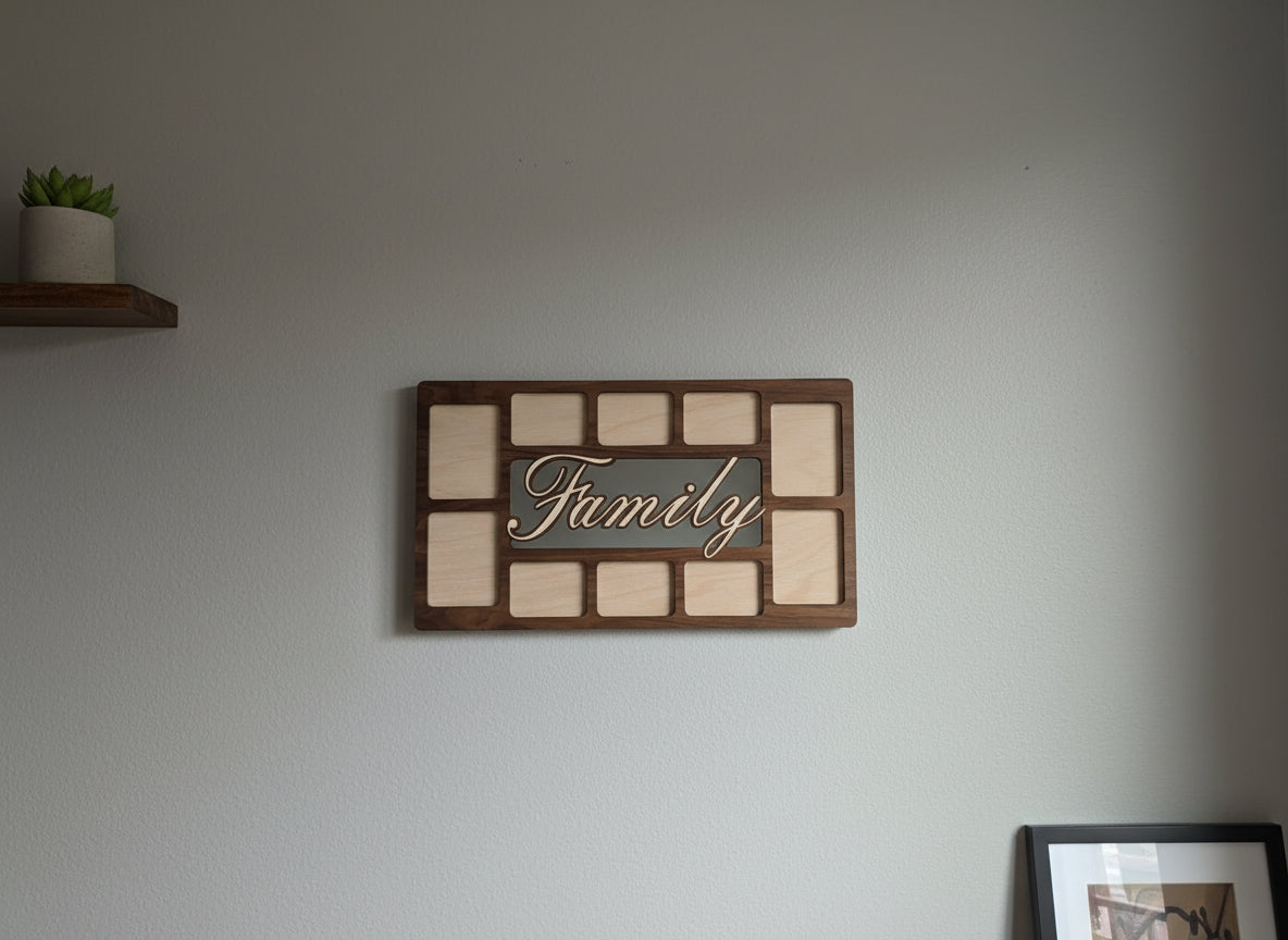 Family Multi-Photo Collage Frame – Holds 10 Photos | Walnut, Cherry, Mahogany or Oak | Cut-Out Center Design | 18 x 10.5 Inches