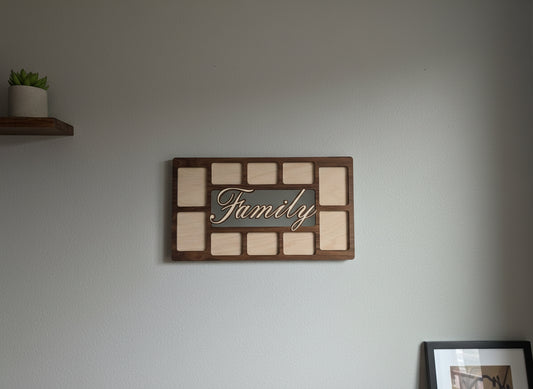 Family Multi-Photo Collage Frame – Holds 10 Photos | Walnut, Cherry, Mahogany or Oak | Cut-Out Center Design | 18 x 10.5 Inches
