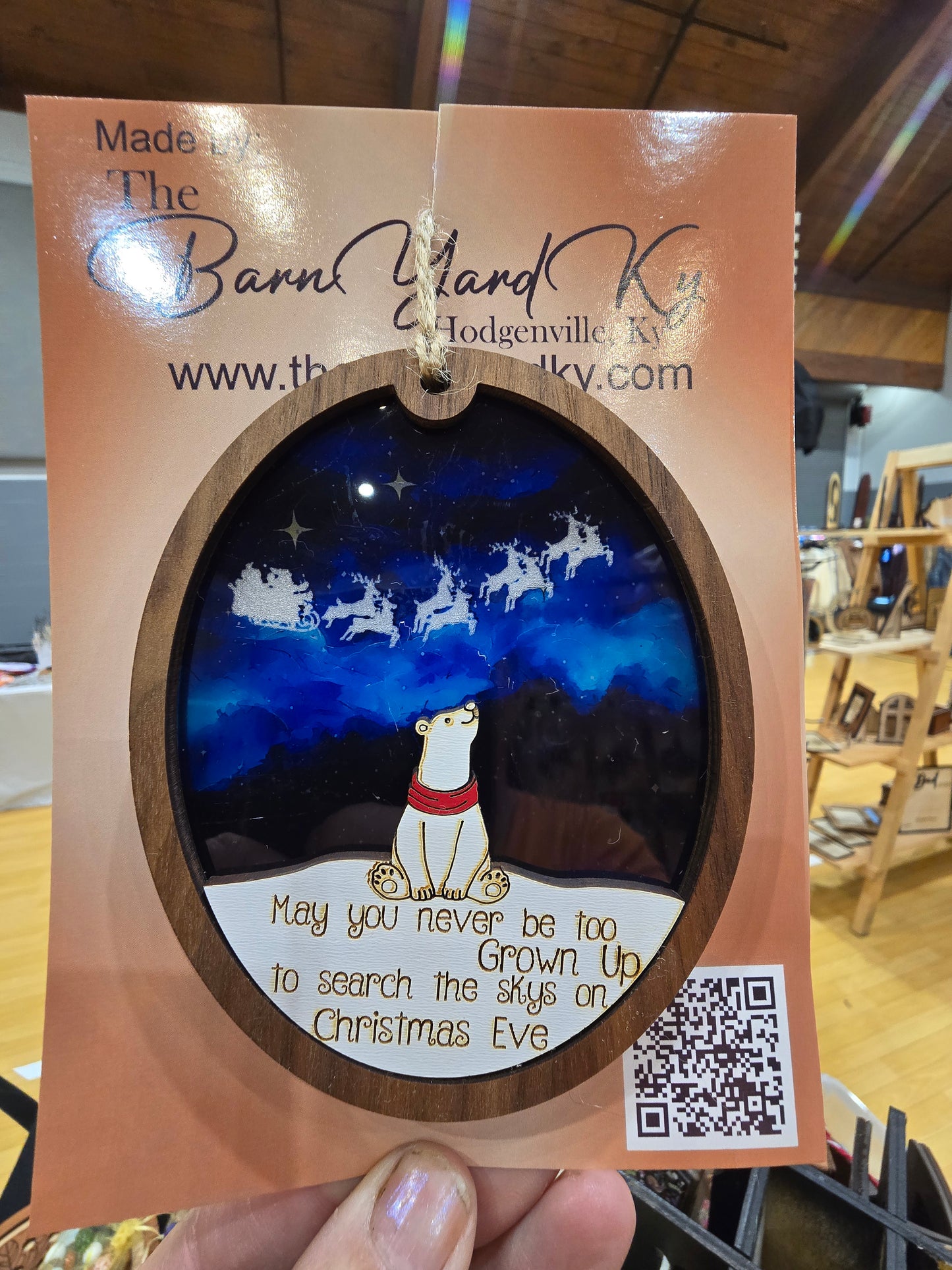 “May You Never Be Too Grown Up…” Christmas Ornament | Polar Bear Looking Up at the Sky | Santa & Reindeer Silhouette | Wood or Acrylic Keepsake