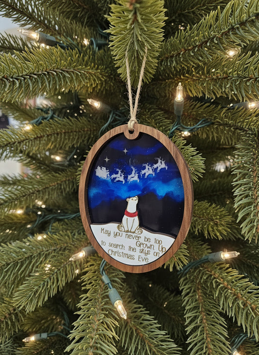 “May You Never Be Too Grown Up…” Christmas Ornament | Polar Bear Looking Up at the Sky | Santa & Reindeer Silhouette | Wood or Acrylic Keepsake