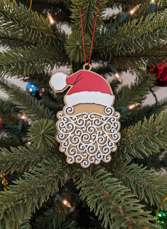 Swirly Beard Santa Ornament – Layered Maple Christmas Ornament | Hand-Painted Details | 5.75 Inches Tall