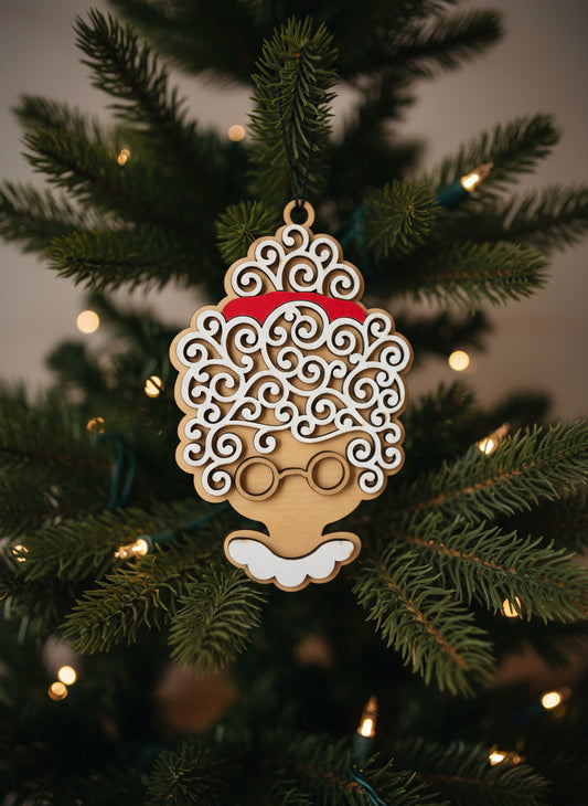 Mrs. Claus Ornament – Swirly Hair Maple Layered Ornament | Hand-Painted Details | 5.75 Inches Tall