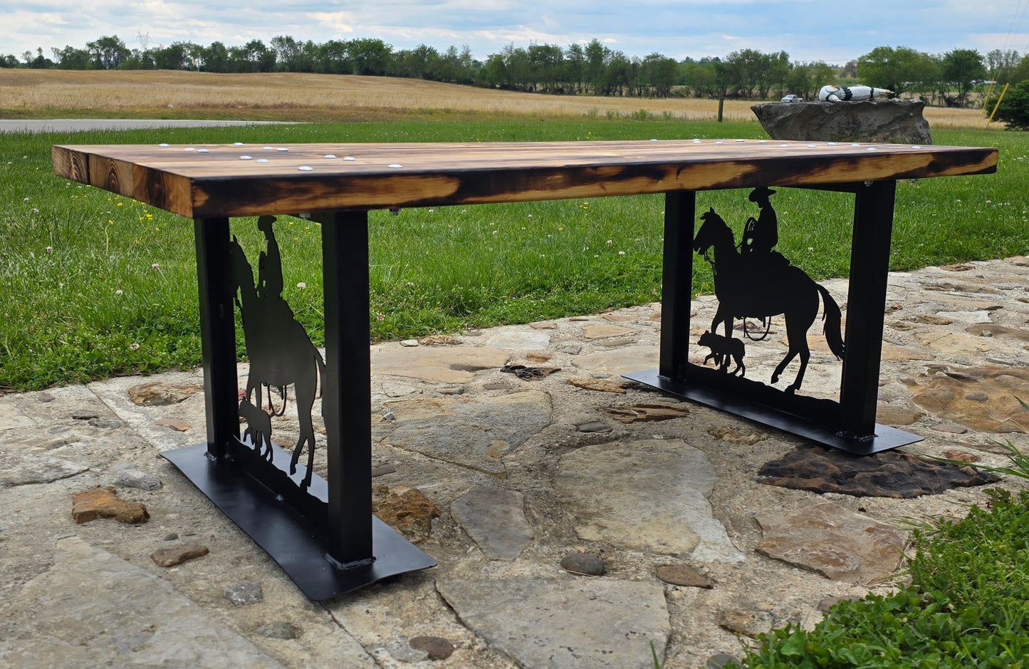 Cowboy Garden Bench with Steel Art Legs | Burnt Wood Seat | Personalized Outdoor Bench | Handmade Metal & Wood Bench