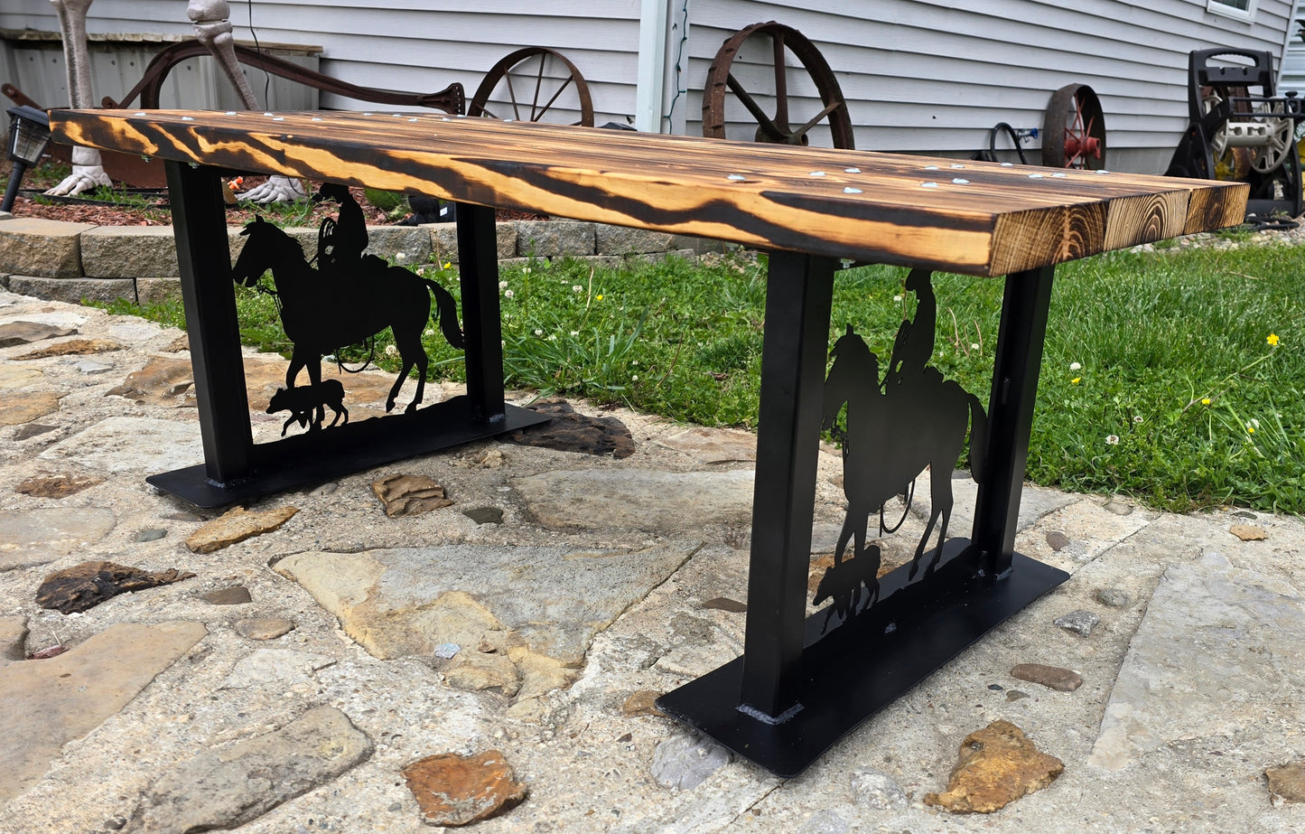 Cowboy Garden Bench with Steel Art Legs | Burnt Wood Seat | Personalized Outdoor Bench | Handmade Metal & Wood Bench
