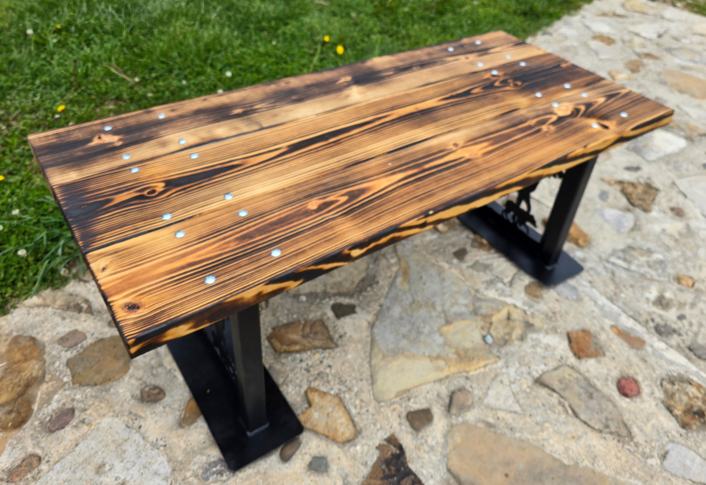 Cowboy Garden Bench with Steel Art Legs | Burnt Wood Seat | Personalized Outdoor Bench | Handmade Metal & Wood Bench