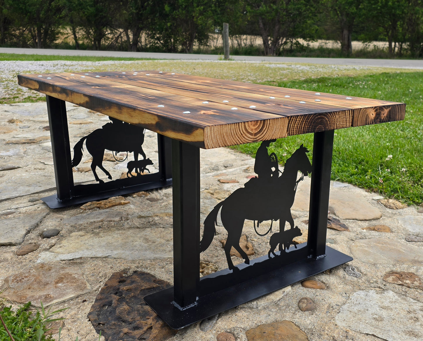 Cowboy Garden Bench with Steel Art Legs | Burnt Wood Seat | Personalized Outdoor Bench | Handmade Metal & Wood Bench