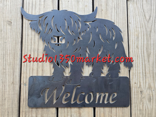 Highland Cow Welcome Sign – Metal Wall Décor