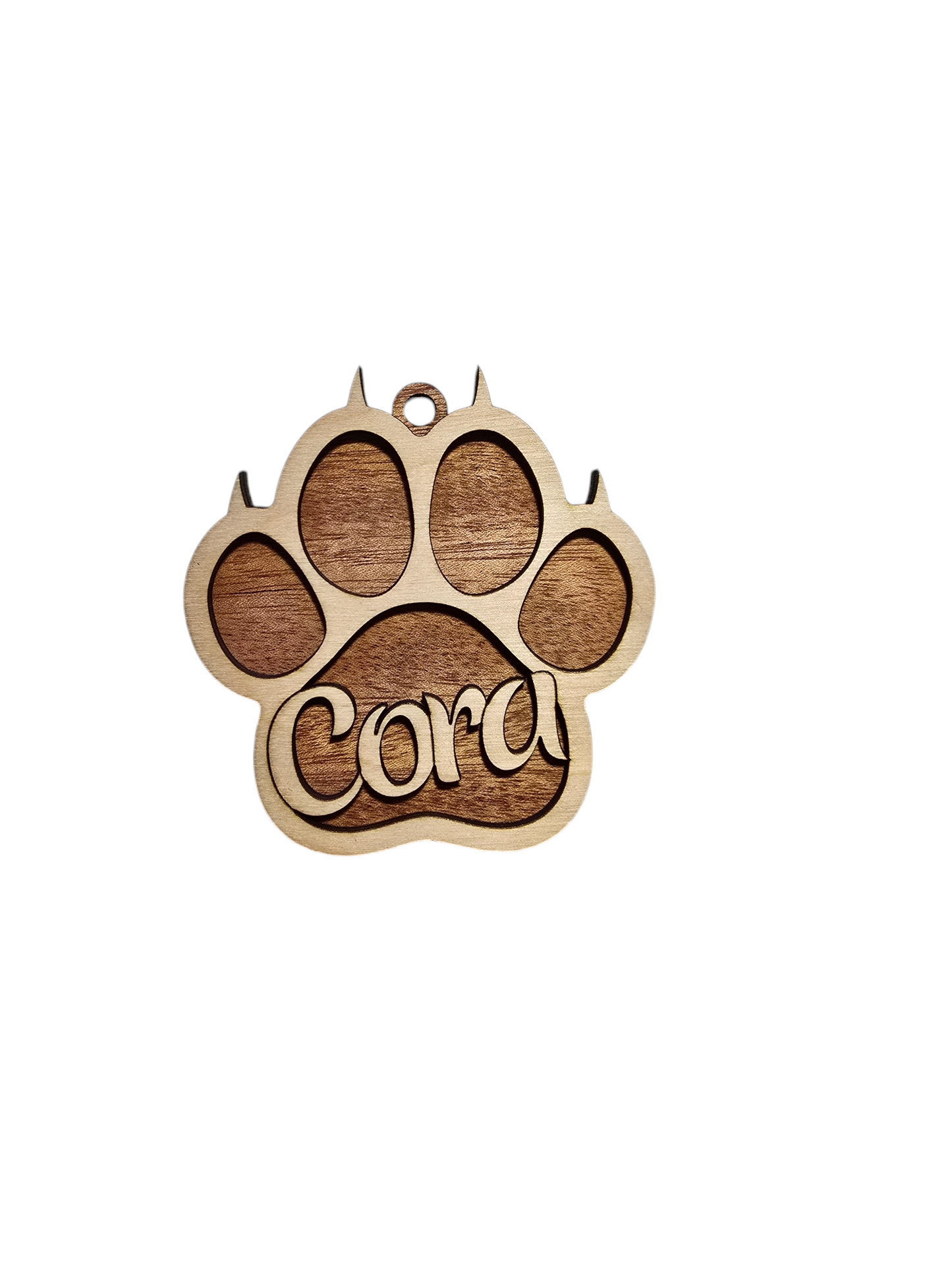 Custom Paw Print Ornament – Personalized Pet Memorial or Keepsake | Dog Paw, Cat Paw, Angel Wings Options | Mahogany & Maple | Pet Name Ornament