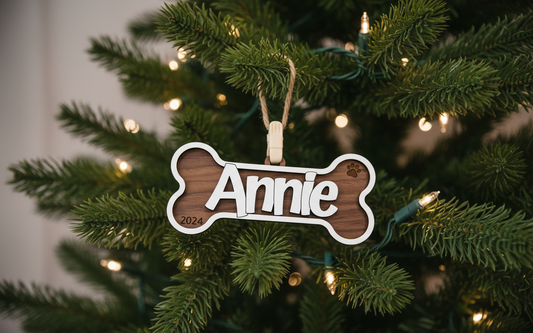 Custom Dog Bone Name Ornament – Walnut & White Layered Pet Name Tag | Personalized Christmas Ornament for Dogs | Pet Keepsake Gift