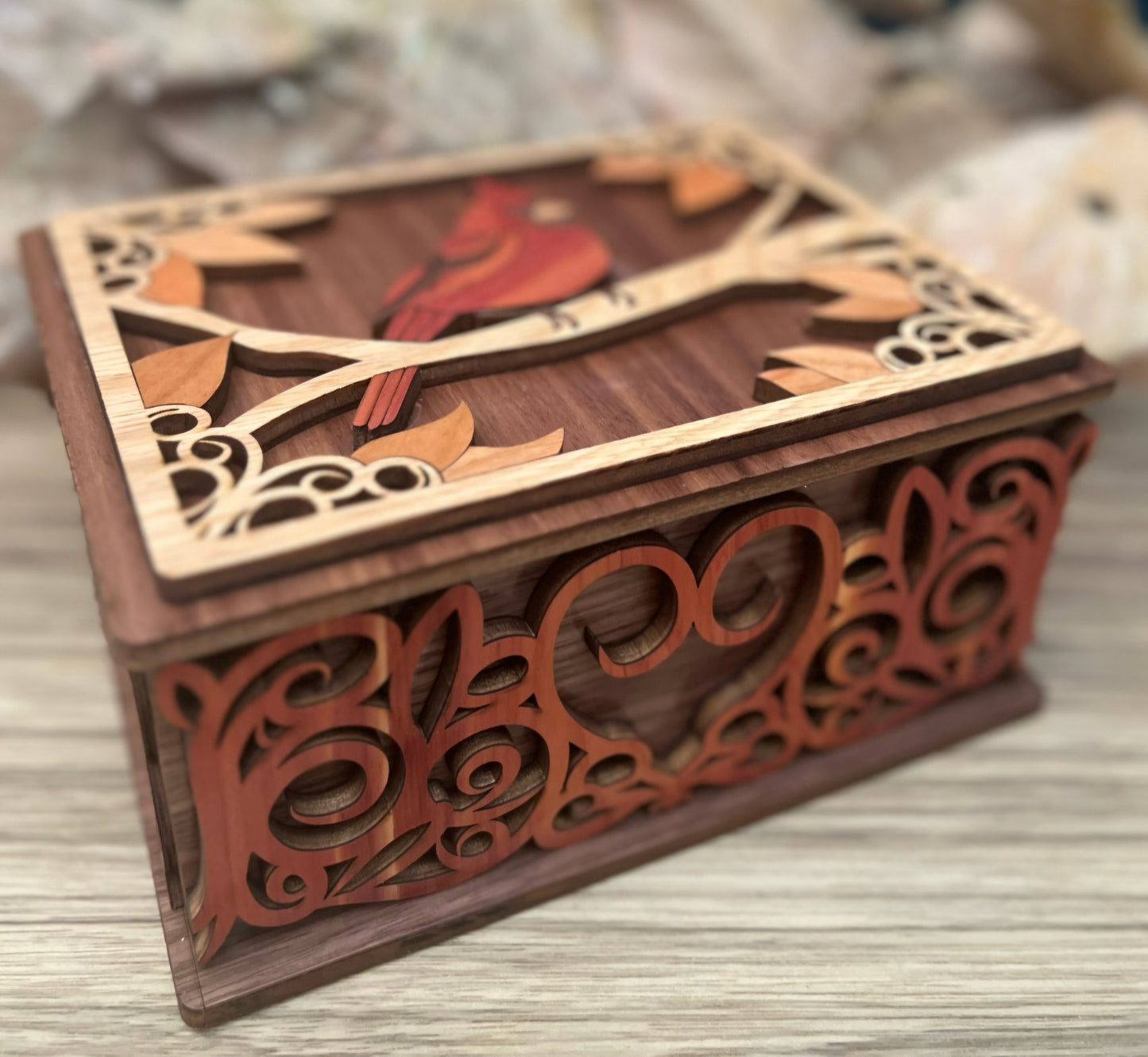Handcrafted Cardinal Memorial Keepsake Box – Leather Lined | Marquetry Lid | Walnut, Oak, Cherry, Sapele & Cedar | Custom Engraving Available