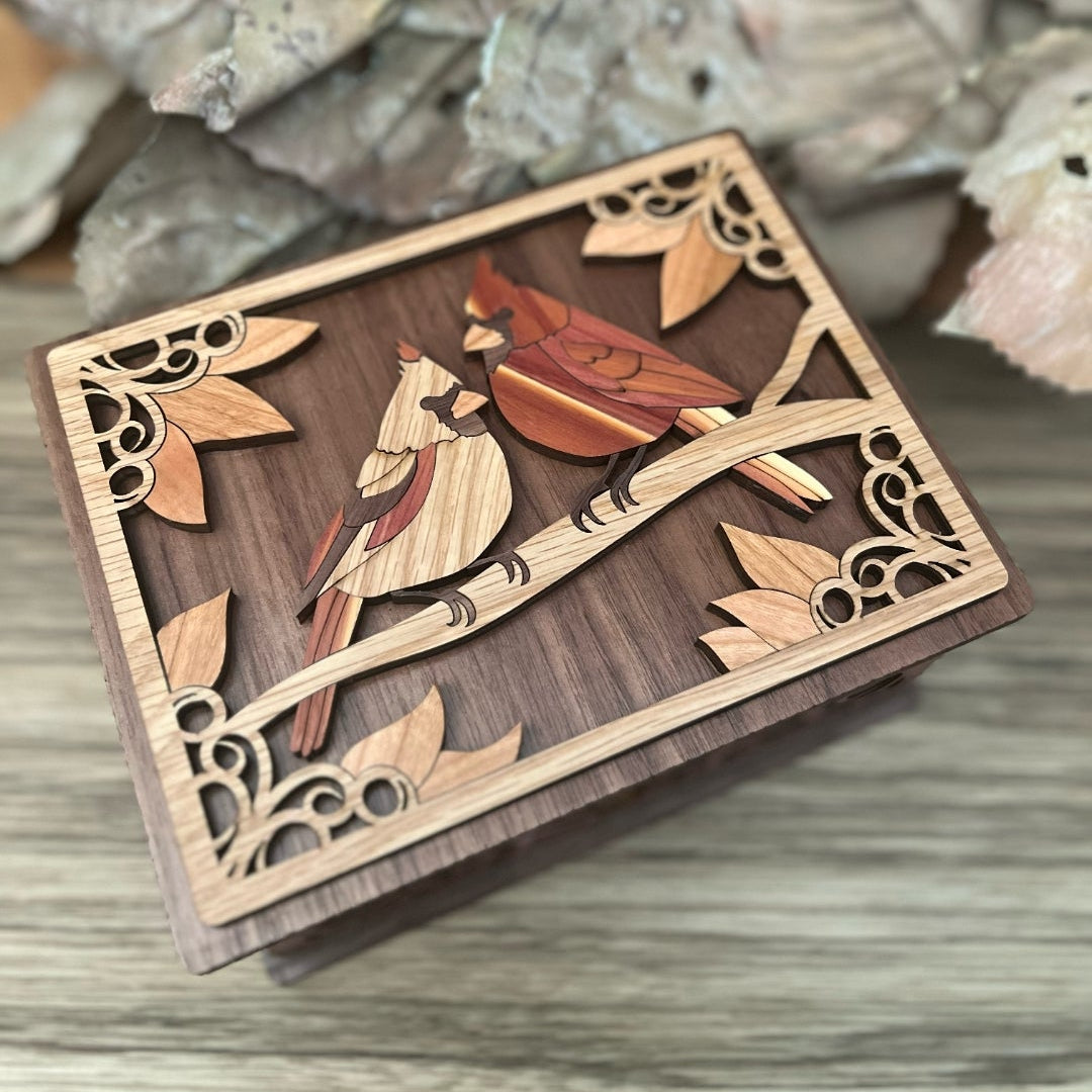 Handcrafted Cardinal Memorial Keepsake Box – Leather Lined | Marquetry Lid | Walnut, Oak, Cherry, Sapele & Cedar | Custom Engraving Available