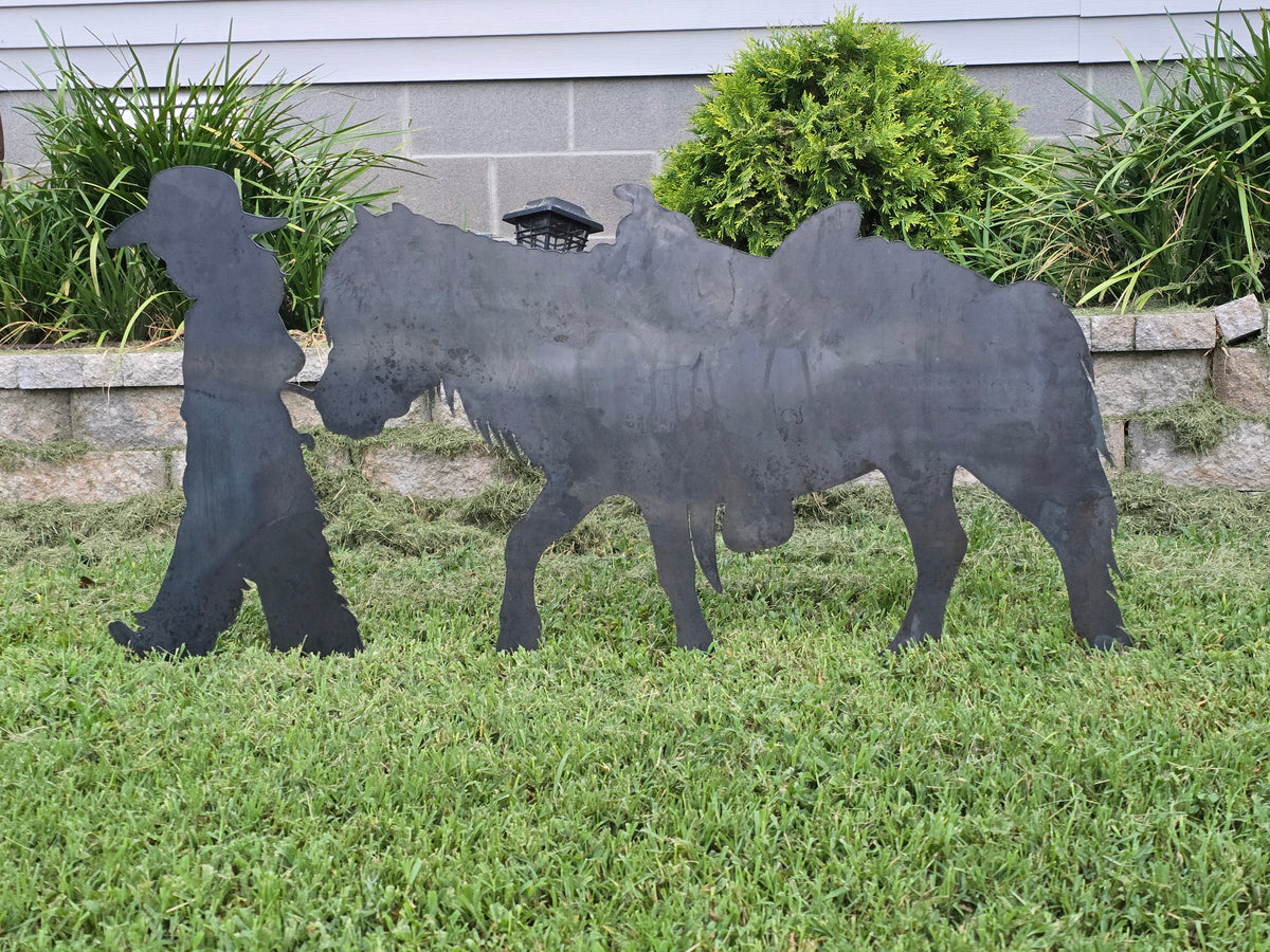 Cowgirl & Pony Metal Yard Art Western Horse Silhouette Rustic Ranch Garden Decor | Outdoor Metal Horse Art