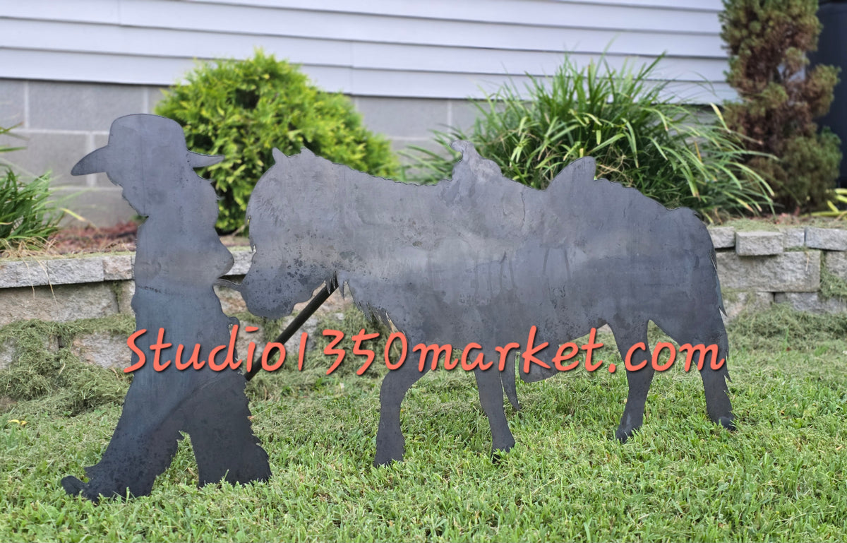 Cowgirl & Pony Metal Yard Art Western Horse Silhouette Rustic Ranch Garden Decor | Outdoor Metal Horse Art
