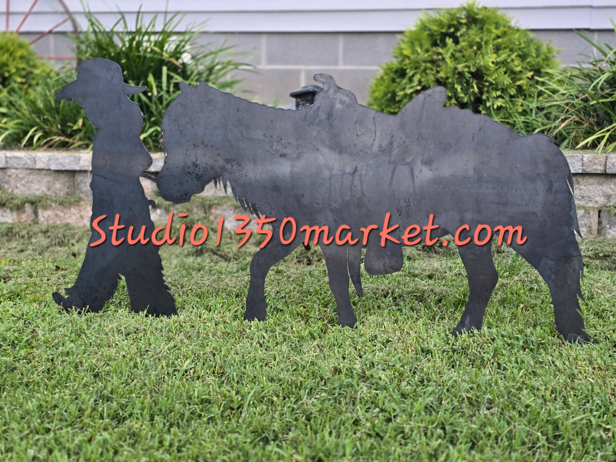 Cowgirl & Pony Metal Yard Art Western Horse Silhouette Rustic Ranch Garden Decor | Outdoor Metal Horse Art