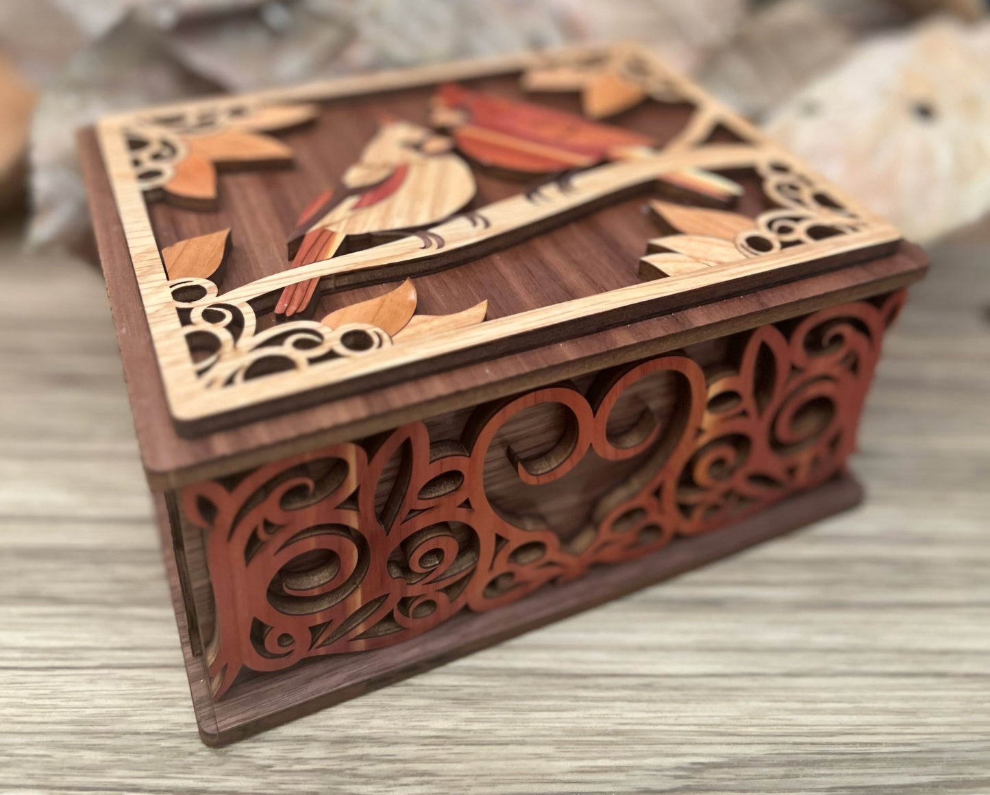 Handcrafted Cardinal Memorial Keepsake Box – Leather Lined | Marquetry Lid | Walnut, Oak, Cherry, Sapele & Cedar | Custom Engraving Available