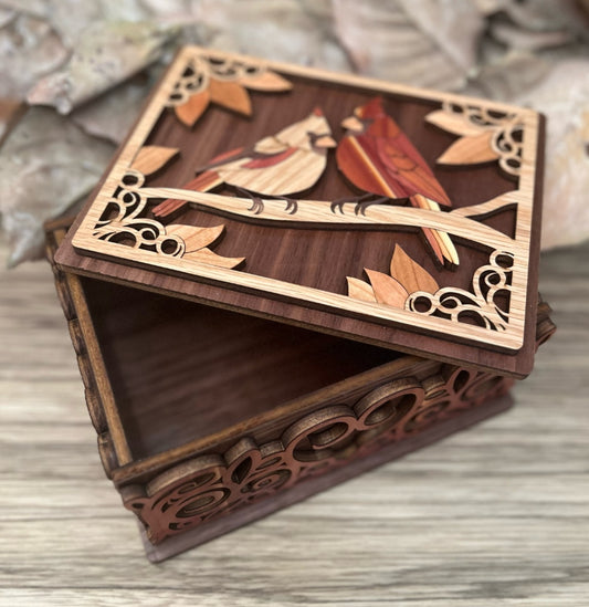 Handcrafted Cardinal Memorial Keepsake Box – Leather Lined | Marquetry Lid | Walnut, Oak, Cherry, Sapele & Cedar | Custom Engraving Available